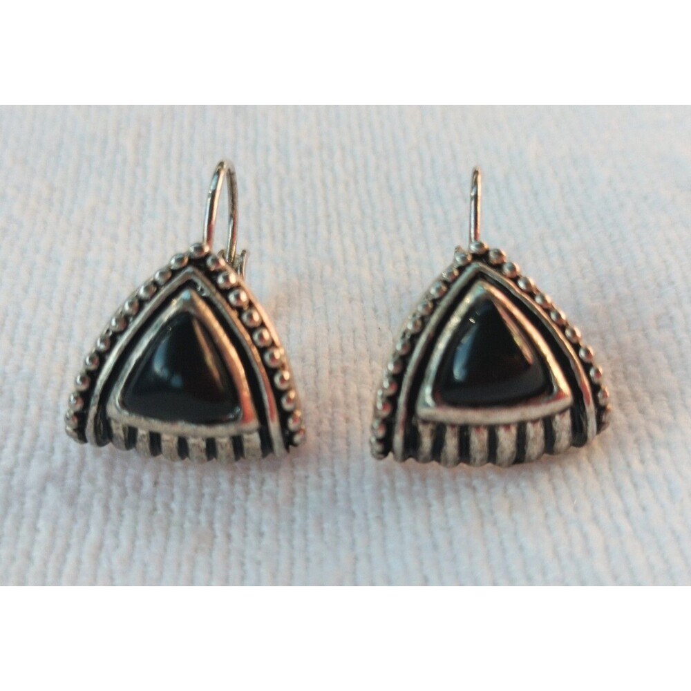 Silver Tone Black Earrings Vintage Heavy Pierced Jewelry Retro Gothic Art Nuevo